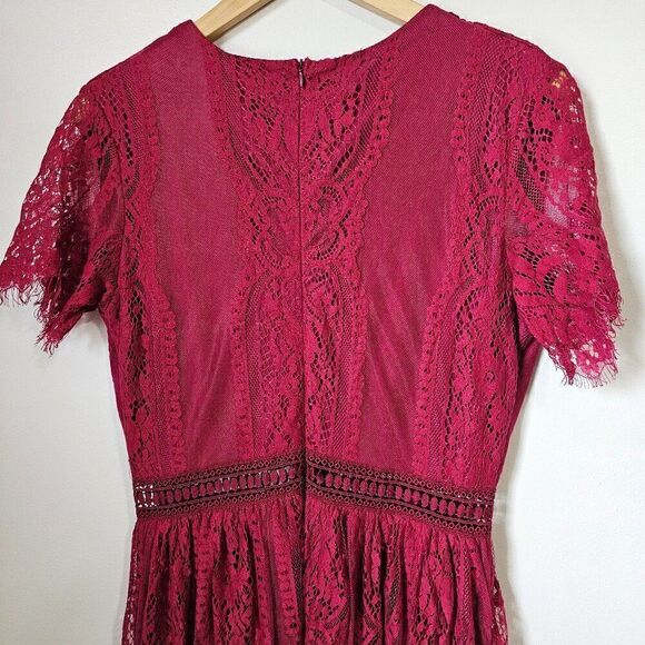 EUC DEEP RED V NECK LACE WEDDING PARTY MAXI DRESS SIZE MEDIUM - Picture 3 of 16